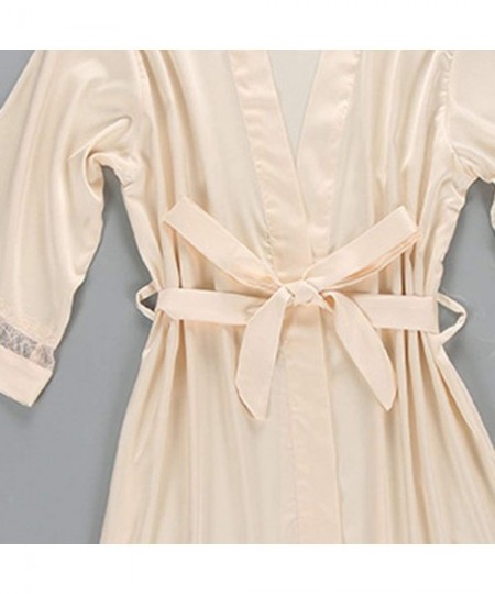 Bustiers & Corsets Women Pajamas Sexy Silk Lace Sleepwear Robe Long Sleeve Lingerie Underwear with Bow - Beige - CQ18STAH793
