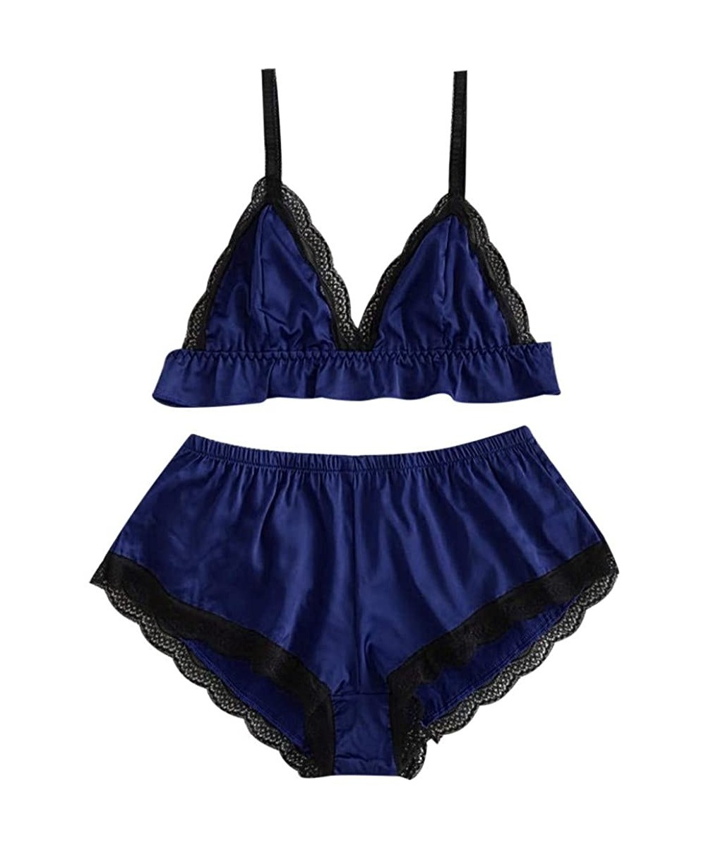 Shapewear Lingerie for Women Front Closure Babydoll Lace Chemise V Neck Mesh Sleepwear - Blue - CI18W4GQE3K