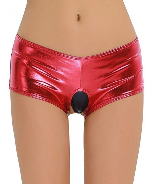 Thermal Underwear Sexy Women's Hollow Out Shiny Leather Hot Shorts Metallic Dance Bottoms - Red - CN18ALIIZRA
