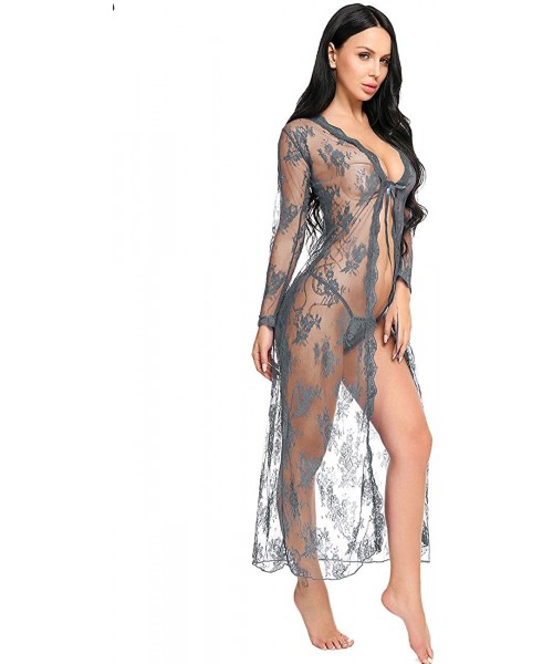 Nightgowns & Sleepshirts Lingerie for Women Sexy Long Lace Dress Sheer Gown See Through Kimono Robe - Gray - CH198968G6K