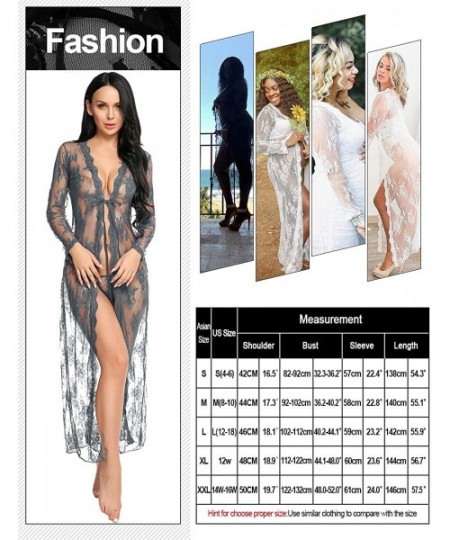 Nightgowns & Sleepshirts Lingerie for Women Sexy Long Lace Dress Sheer Gown See Through Kimono Robe - Gray - CH198968G6K