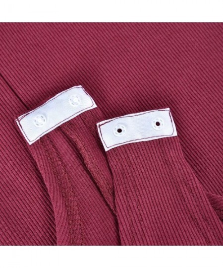 Shapewear Women's Deep V Neck Long Sleeve Bodysuit Ribbed Knit Stretchy Thong Bodysuit Tops - Wine Red2 - C118ALE88WM