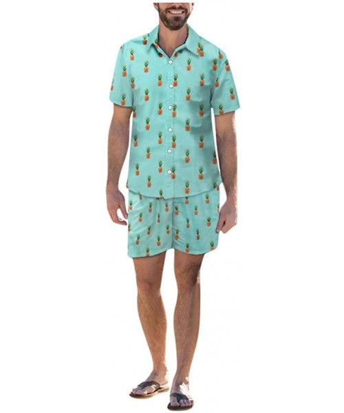 Shapewear Men's Summer Print Suit Fashion Short Sleeve Shorts Set Shirt Set Pocket Vocation - M Mint Green - CO197IC6I40