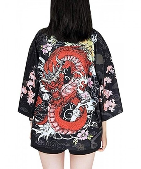 Robes Women Japanese Kimono Cardigan Coat Yukata Outwear Tops Vintage Japanese Style - Red Dragon - CV19EGMX0R3