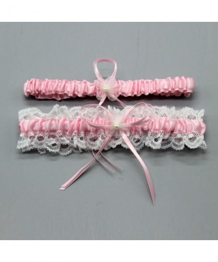 Garters & Garter Belts Women's Lace Ruffle Satin Garter with 2 Pieces Packing for Wedding Bride BT090 - Pink/Ivory - CB182OHL5KO