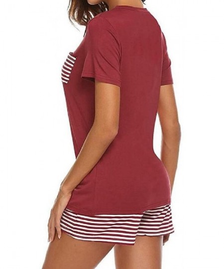 Sets Short Sleeve V Neck Stripe Nightwear Shirt and Shorts Pajama Set - Wine Red - CH19C65ORNH