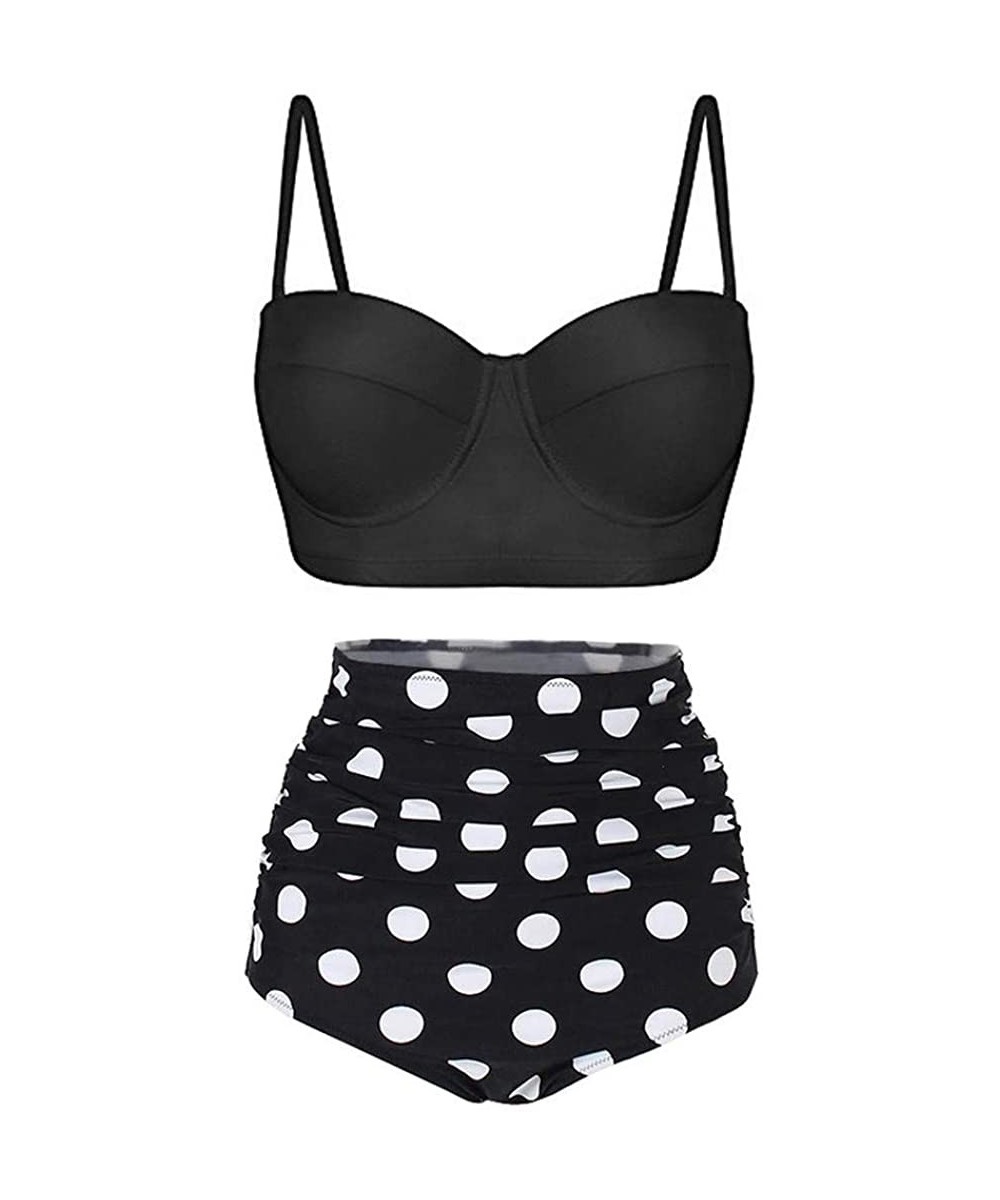 Tops Women's High Waist Bikini Swimwear Women's Vintage Print Beachwear Bikini Set Swimwear - D5-black - C5196M9UOIS
