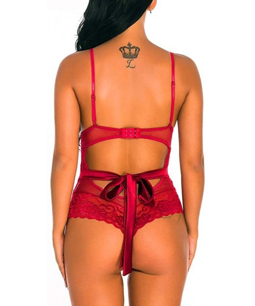 Slips Women Sexy Lingerie One Piece One-Piece Garment Lace Cups Bodysuit Underwear - Red - CR194T83KI6