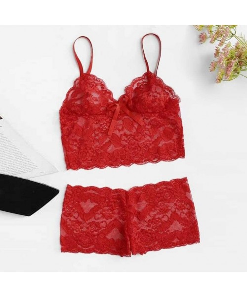Sets Lingerie for Women for Sex- Sexy Womens Lace Bra Briefs Lingerie Underwear Pajamas Camisole Sleepwear Set - Red - CX18AH...