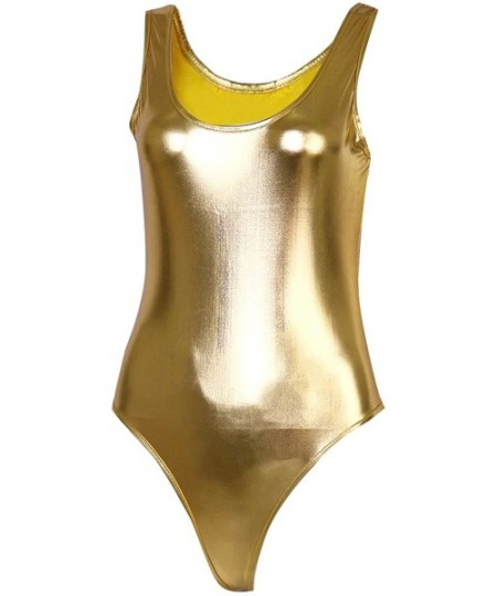 Shapewear Women's One Piece Shiny Metallic Wet Look Thong Leotard High Cut Bodysuits Swimsuits - Gold - CC18RZLRNSM