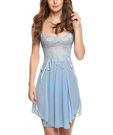 Slips Women's Sexy Babydoll Chemise Plus Size Long Negligee Lingerie Set Lace Full Slip Nightgown - Style2-blue - CQ18CIKA50N