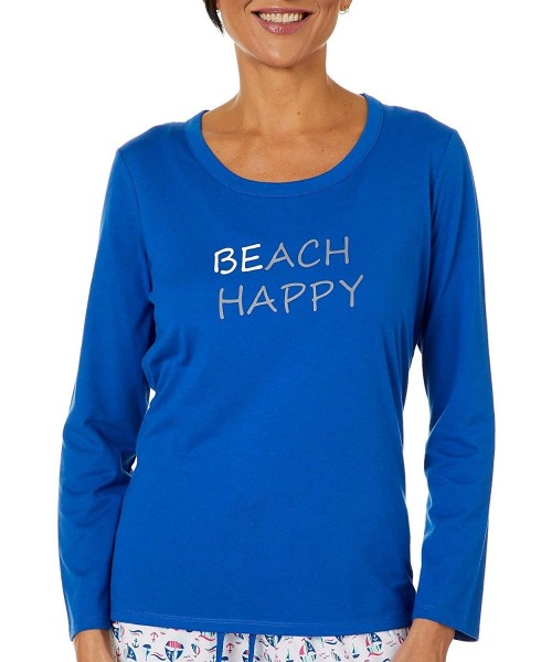 Tops Womens Solid Beach Happy Long Sleeve Pajama Top - Royal Blue - CS193ZKZ690
