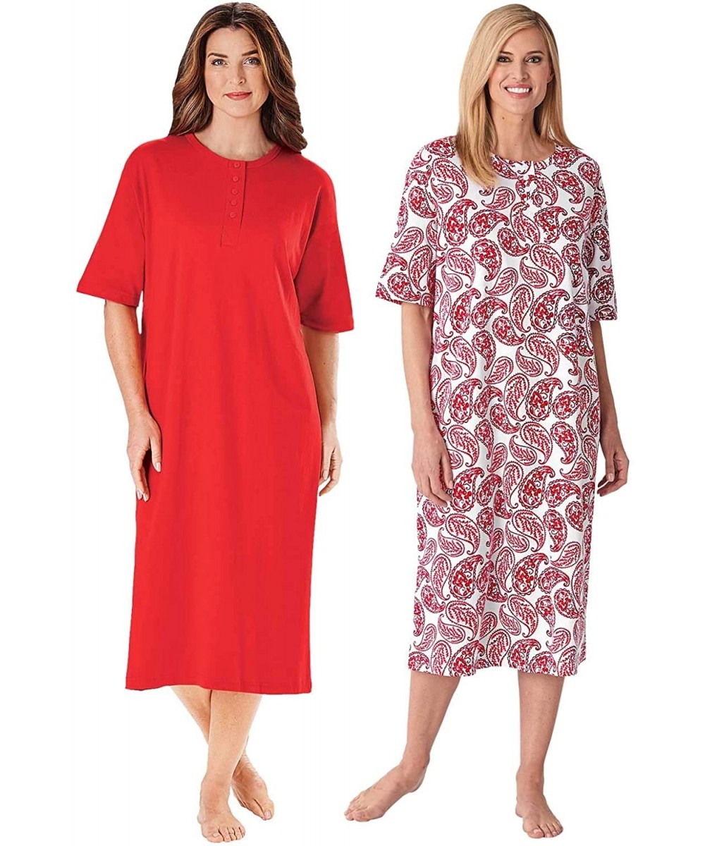 Nightgowns & Sleepshirts 100% Cotton Henley Nightshirt - Red Paisley/Red Solid - CH115PTIJN3