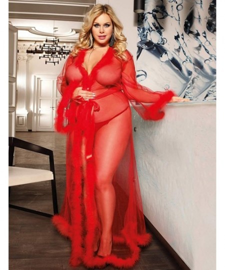 Robes Women Lace Gown Kimono Robe with Fur Sexy Cover Up Chemise Bride Bathrobe Sleepwear - Red - C018A2OTQ66