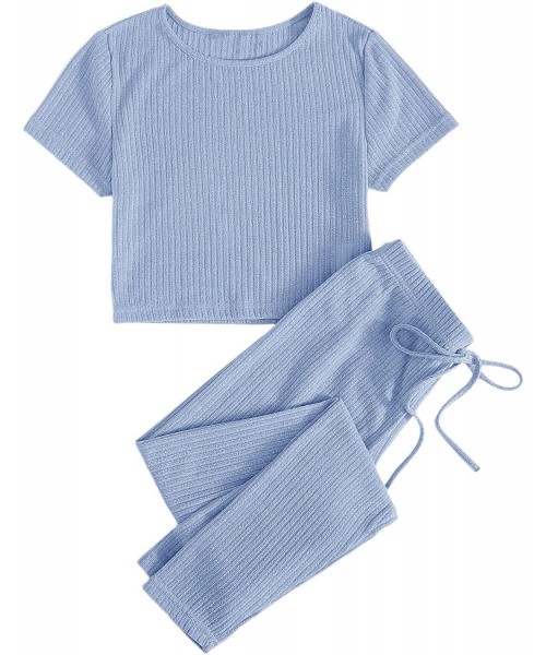 Sets Women's 2 Piece Ribbed Short Sleeve Tee Top and Pants Tracksuit Sets - Baby Blue - CH1903E2KMX