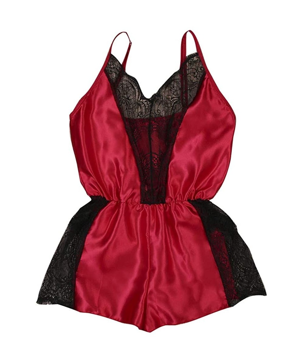 Nightgowns & Sleepshirts Womens Sexy Badydoll V Neck Halter Backless Bodysuit Jumpsuit Lace Satin Silk Sleepwear Lingerie Und...