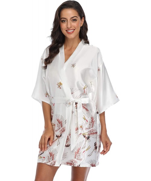 Robes Women's Floral Crane Kimono Robe Short Silky Sleepwear Plus Size Satin Spa Party Dressing Gown - White - CO199U6C5WX