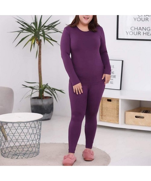 Thermal Underwear Round Neck Fleece Lined Top Winter Thermal Leggings Set Long Underwear Plus Size Thermal Underwear for Wome...
