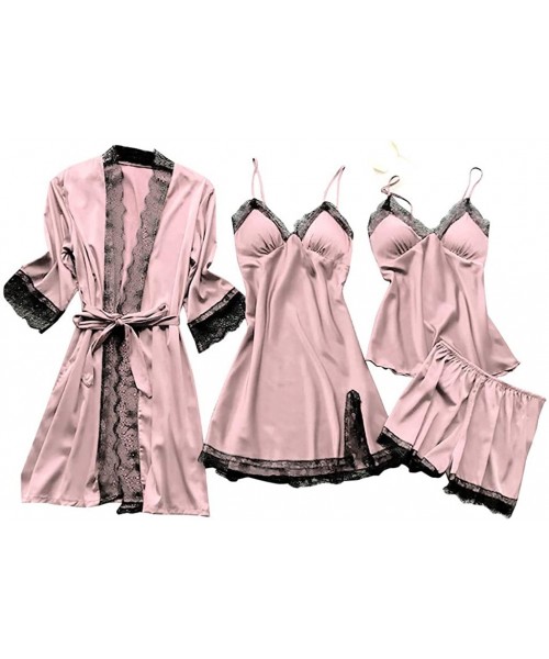 Sets Women's 4PCS Silk Satin Pajama Set Cami Top Nightgown Lace Sleepwear Robe Babydoll Sets Sexy Nightdress Pajamas Lingerie...