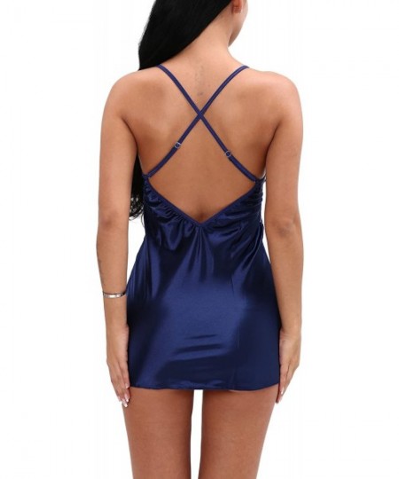 Nightgowns & Sleepshirts Women's Satin Lingerie Sexy V Neck Sleepwear Strap Lace Chemise Teddy - Navy Blue - C5188NMHQR6