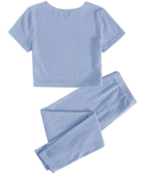 Sets Women's 2 Piece Ribbed Short Sleeve Tee Top and Pants Tracksuit Sets - Baby Blue - CH1903E2KMX