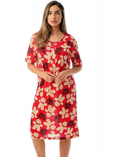 Nightgowns & Sleepshirts Short Sleeve Nightgown Holiday Sleepwear - Red - Bite Me Gingerbread Man - CT18CAKAQOG
