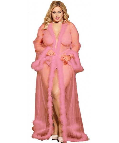 Robes Stunning and Gorgeous Robe Perspective Sheer Sleepwear with Faux Fur - Pink - CZ19CH8G6KM