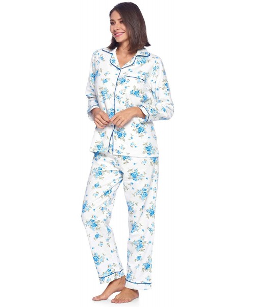 Sets Women's Flannel Long Sleeve PJ's Button Down Sleepwear Pajama Set - White Blue Flower - CA18AQHCWIN