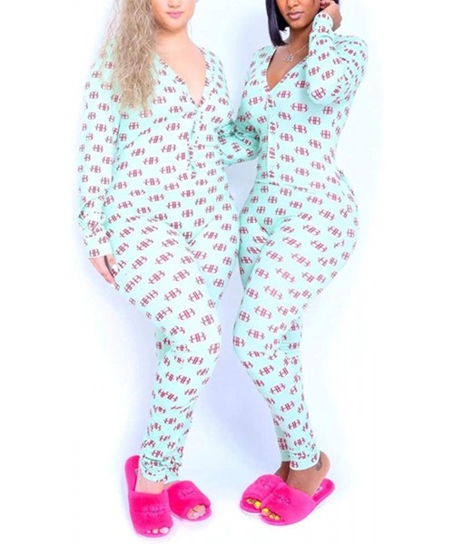 Sets Women's Sexy Deep V Neck Printed Jumpsuit Pajamas Sets Long Sleeve One Piece Casual Sleepwear - 9630light Blue - CK19D0M...
