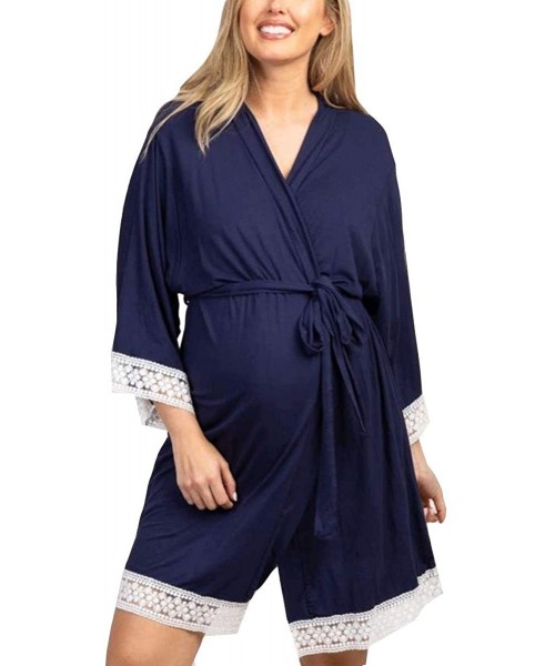Robes Women's Lace-Trim Maternity Nursing Cotton Long Robe - Navy - CY199EOK9TU