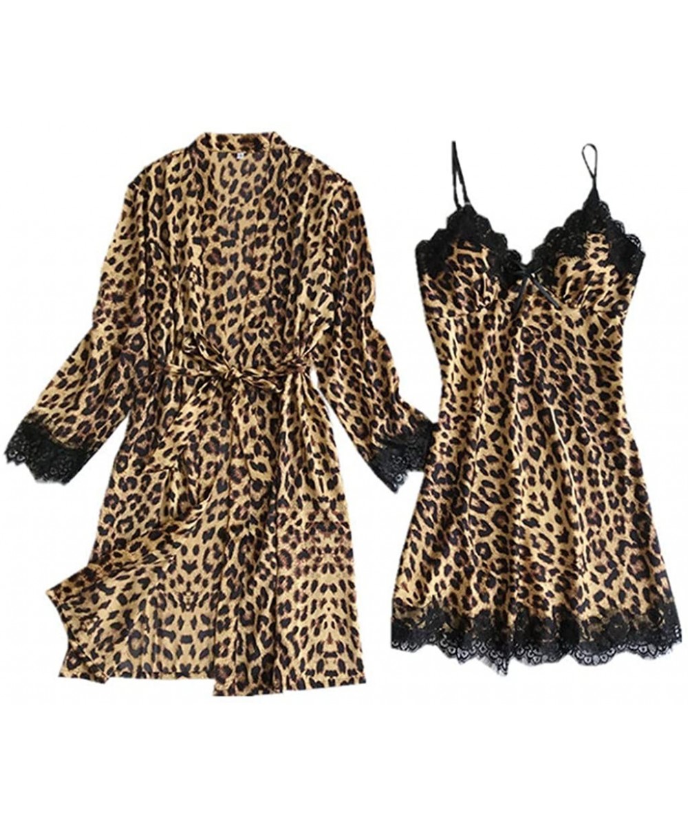 Nightgowns & Sleepshirts Women's Leopard Print Satin Sleepwear Set V Neck Pajama with Chest Pads Lace Nightwear and Bathrobe ...