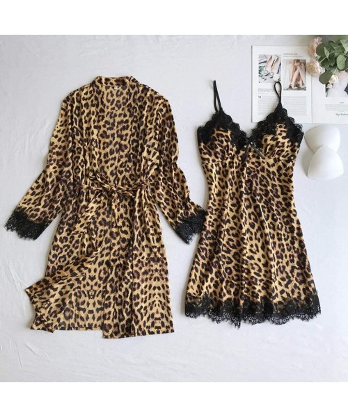 Nightgowns & Sleepshirts Women's Leopard Print Satin Sleepwear Set V Neck Pajama with Chest Pads Lace Nightwear and Bathrobe ...