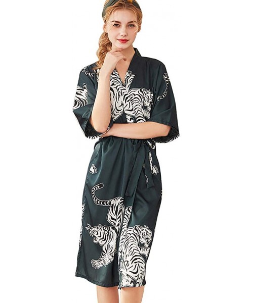 Robes Couple Lover Set Chinese Style Tiger Print Bathrobe Pajamas Belt Loose Breathable Sleepwear - Women Green - CS18QS4C337