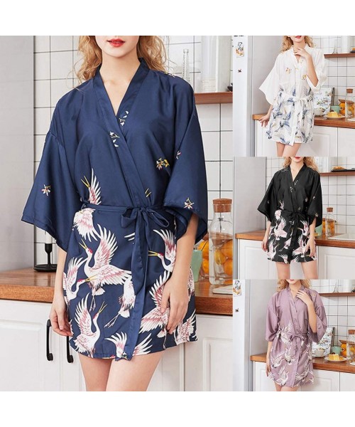 Nightgowns & Sleepshirts Sleepwear Fashion Women Crane Print Satin Robe Half Sleeve Kimono Sleepwear Loungewear - Black - CM1...