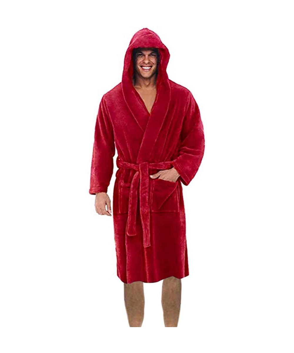 Robes Men's Bathrobe with Hood - Plush Fleece Robe Warm Big and Tall Bathrobe Comfortable Robe Pajamas Shawl Home Clothes - R...