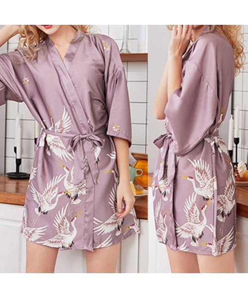 Nightgowns & Sleepshirts Sleepwear Fashion Women Crane Print Satin Robe Half Sleeve Kimono Sleepwear Loungewear - Black - CM1...