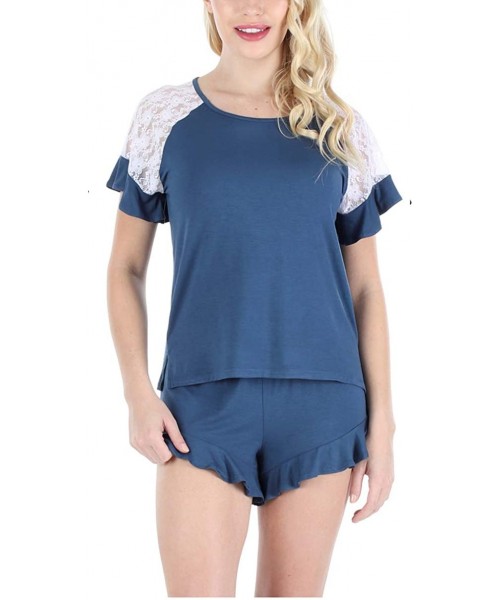 Sets Women's Sleepwear Short Sleeve Top and Shorts Pajama Set - Navy With Lace - CK18ILUN9SI