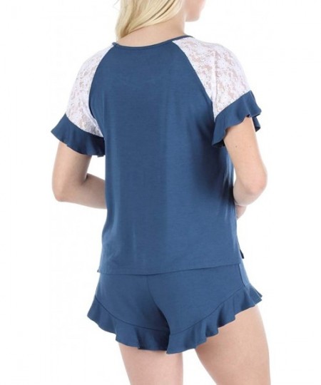 Sets Women's Sleepwear Short Sleeve Top and Shorts Pajama Set - Navy With Lace - CK18ILUN9SI