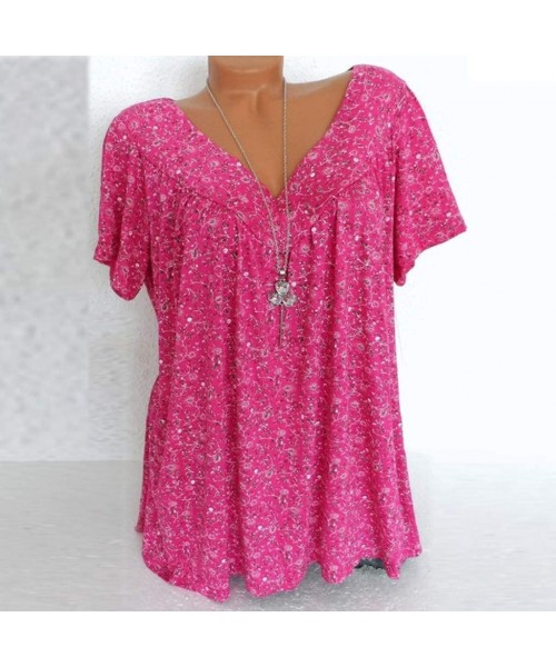 Tops Women's Large Size Short-Sleeved T-Shirt Shirt Fashion V-Neck Printed Shirt Pullover Top - Hot Pink - CC18S8RWS0C