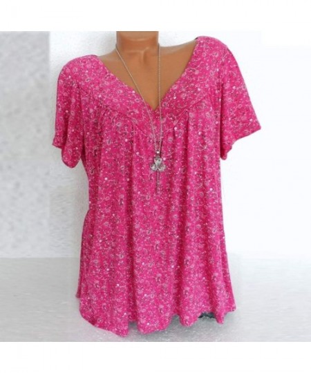 Tops Women's Large Size Short-Sleeved T-Shirt Shirt Fashion V-Neck Printed Shirt Pullover Top - Hot Pink - CC18S8RWS0C