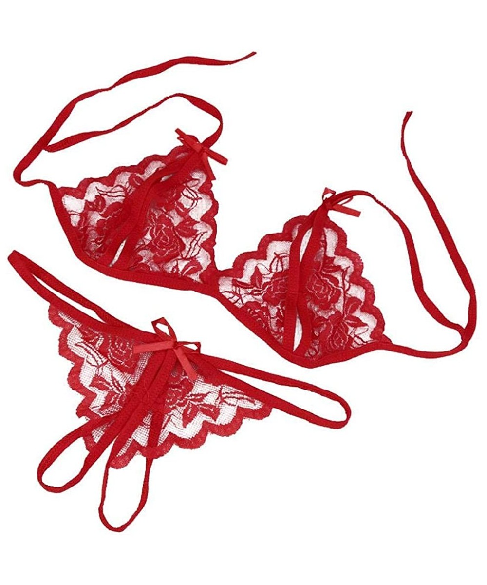 Baby Dolls & Chemises Women's Lingerie Lace Split Cup Babydoll 2 Piece Sexy Bra and Panty Sets - Red - CJ19466CGCI