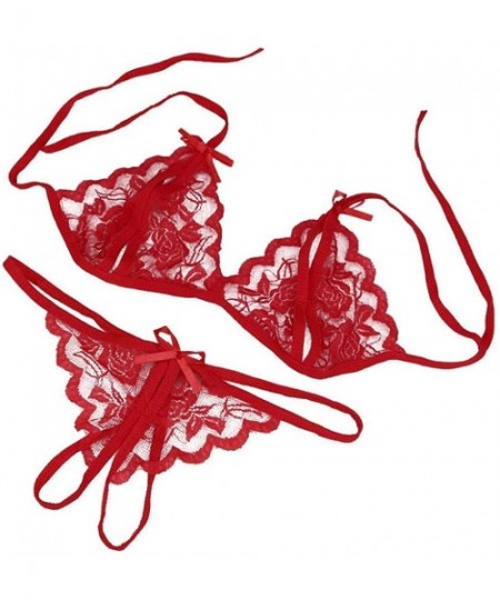 Baby Dolls & Chemises Women's Lingerie Lace Split Cup Babydoll 2 Piece Sexy Bra and Panty Sets - Red - CJ19466CGCI