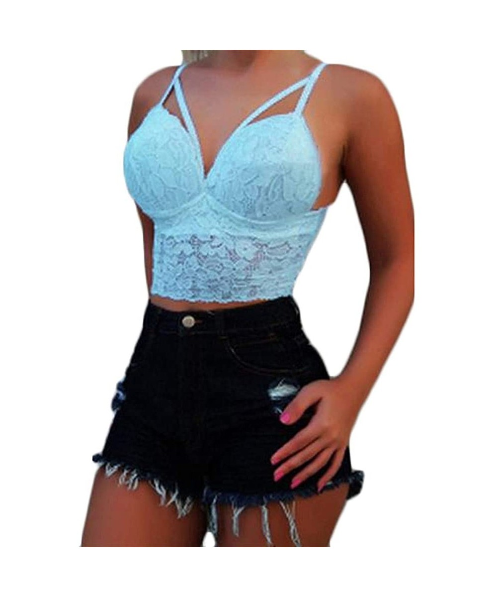 Bras Womens Plus Size Vest Crop Wire Free Lingerie Sexy V-Neck Bra Underwear - Blue - CD18YZT6AYS