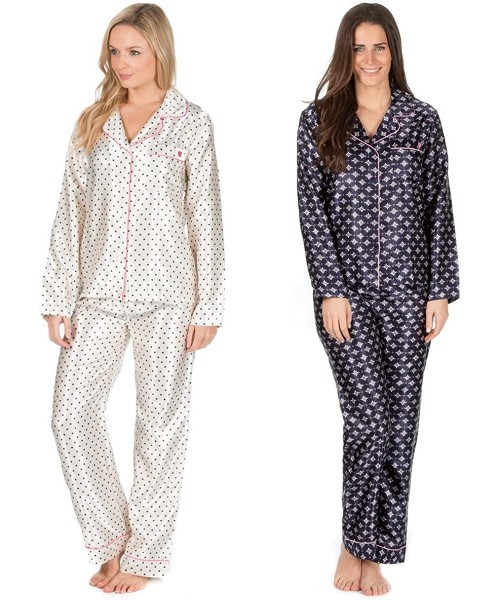 Sets Ladies Long Sleeve Button Pajama Set (Sizes) Satin Shirt Top & Bottoms PJs - 2 Pack - CD17Z2S7EHK
