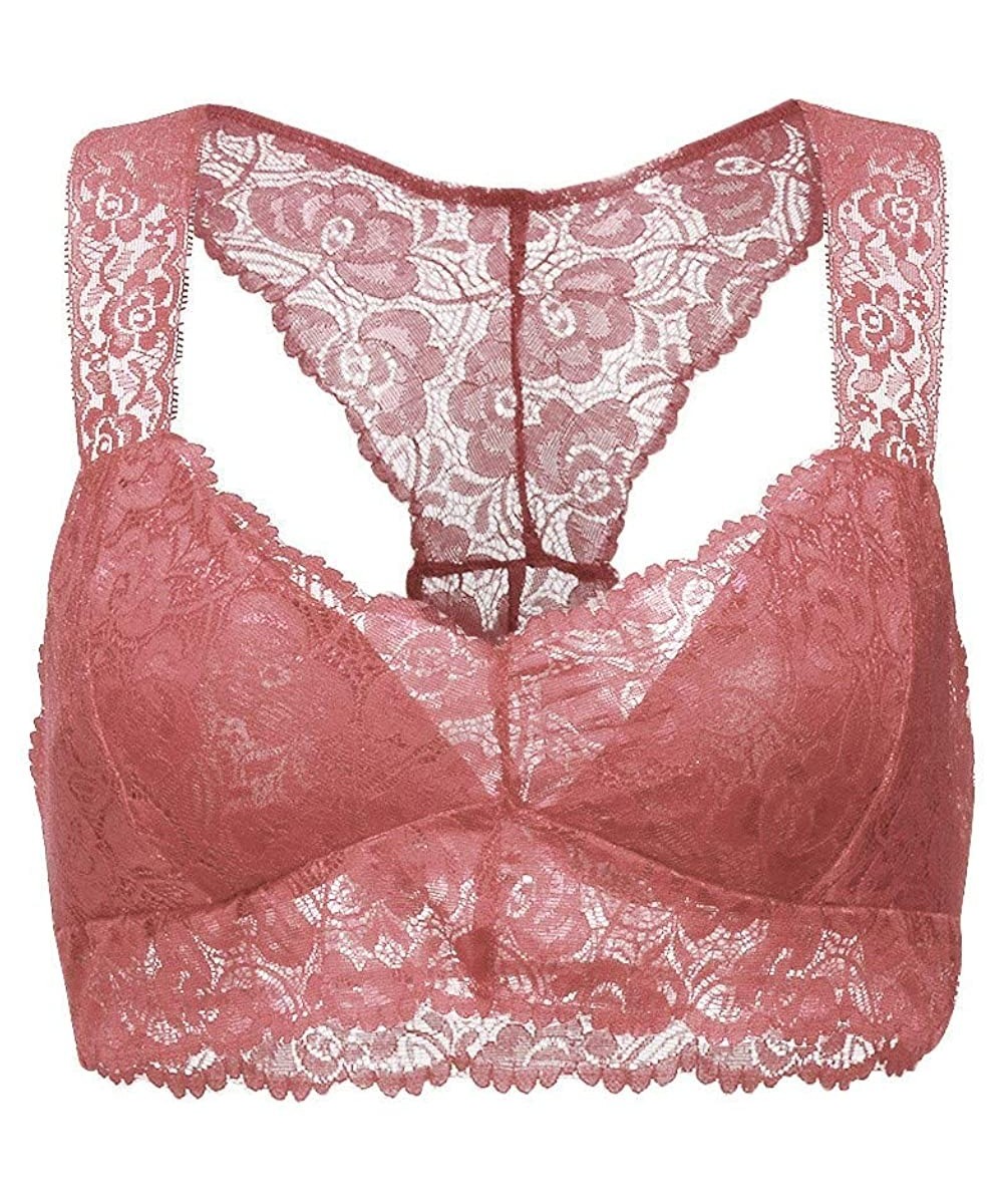 Bras Women's Floral Lace Bralette Triangle Cup Bra Crop Top Bralette Racerback Sexy Floral Lace Tube Tops Bras - Pink - CA18A...