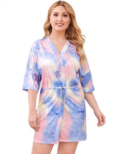 Robes Women Plus Size Kimono Robes Belted Tie Dye 3/4 Sleeve Wrap Casual Loungewear Robe - Pink - CK19EIIZ6NU