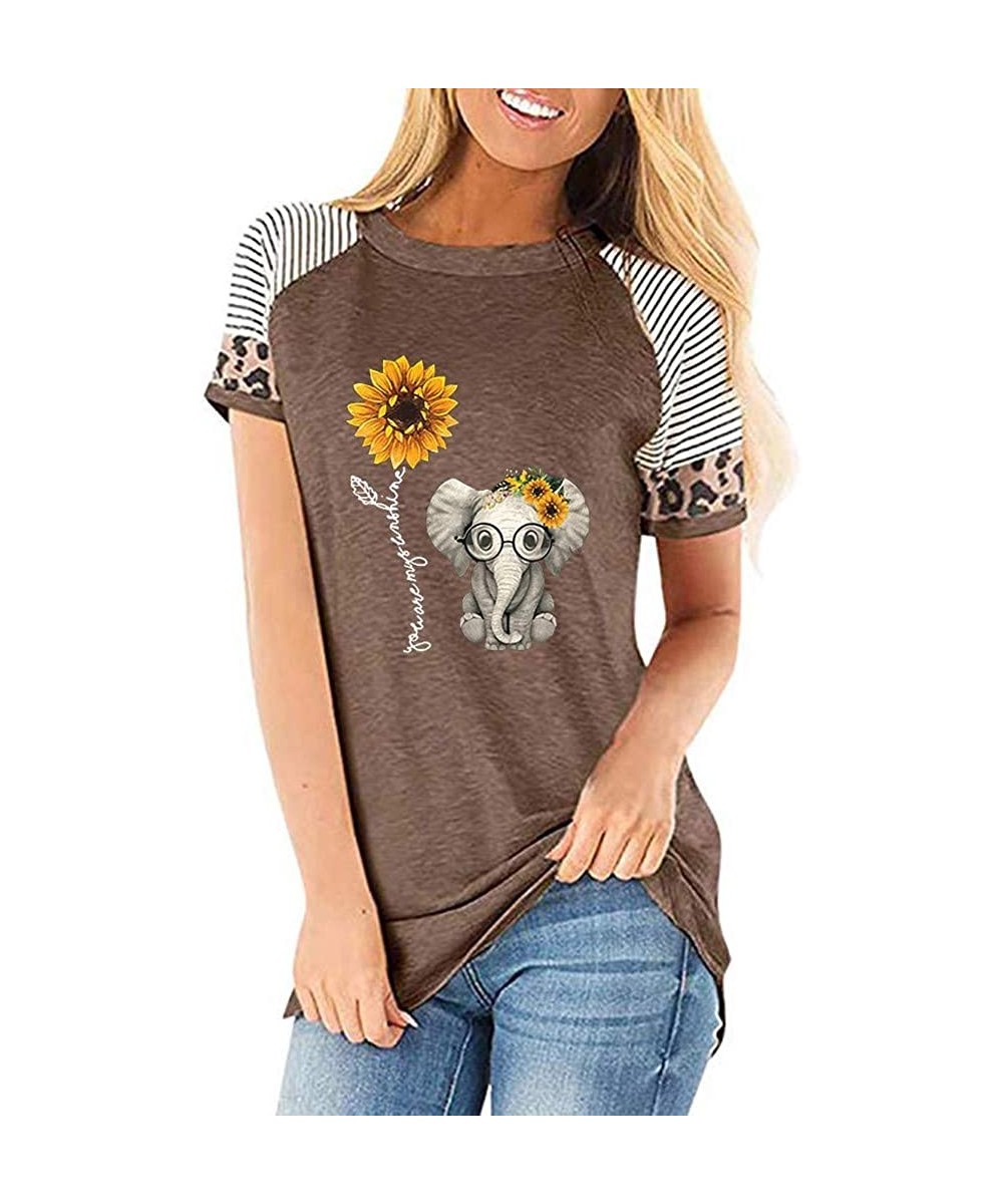 Tops Women's Sunflower Leopard Patchwork Short Sleeve O-Neck Print Casual Top T-Shirt - M-coffee - C2197M2T98E