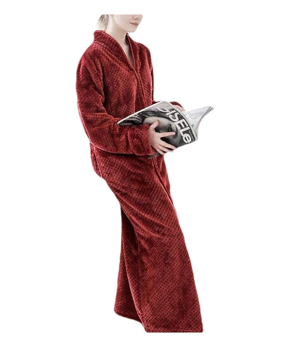 Robes Womens Zipper Front Fleece Flannel Robe Plush Long Warm Loungewear Bathrobe - 13 - CZ18YWK60I0