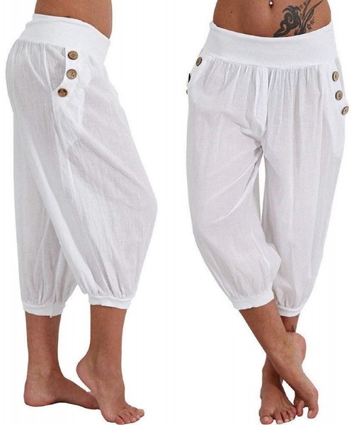 Bottoms Capris Pants for Women Boho Pants Smock Waist Button Harem Pants Jogger Hippie Yoga Pants with Pockets - White - CU18...