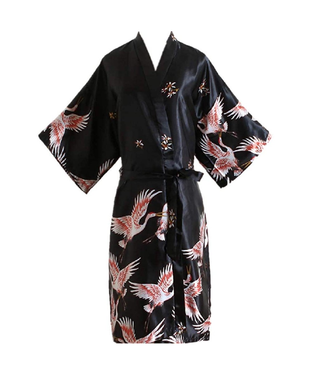 Robes Women Robe Silk Satin Robes Wedding Bridesmaid Bride Gown Kimono Solid Robe - Black - CH190GNM86I